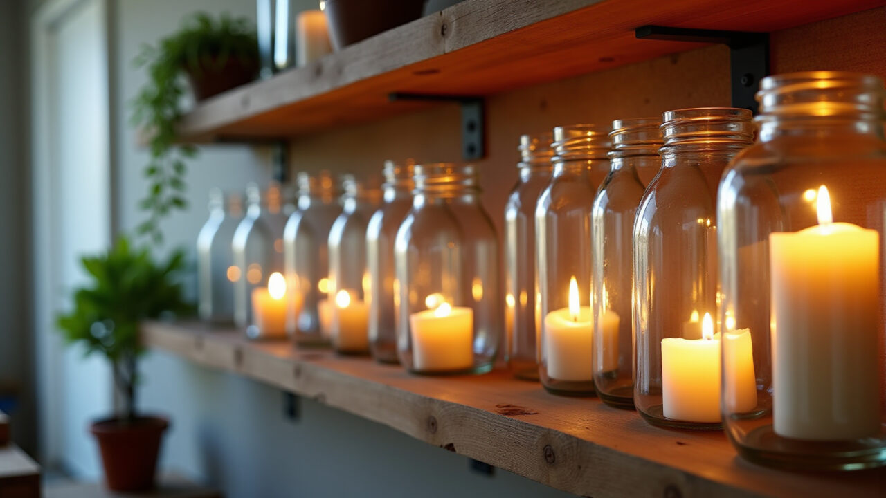 Potes de vidro reaproveitados como decoração em casa.