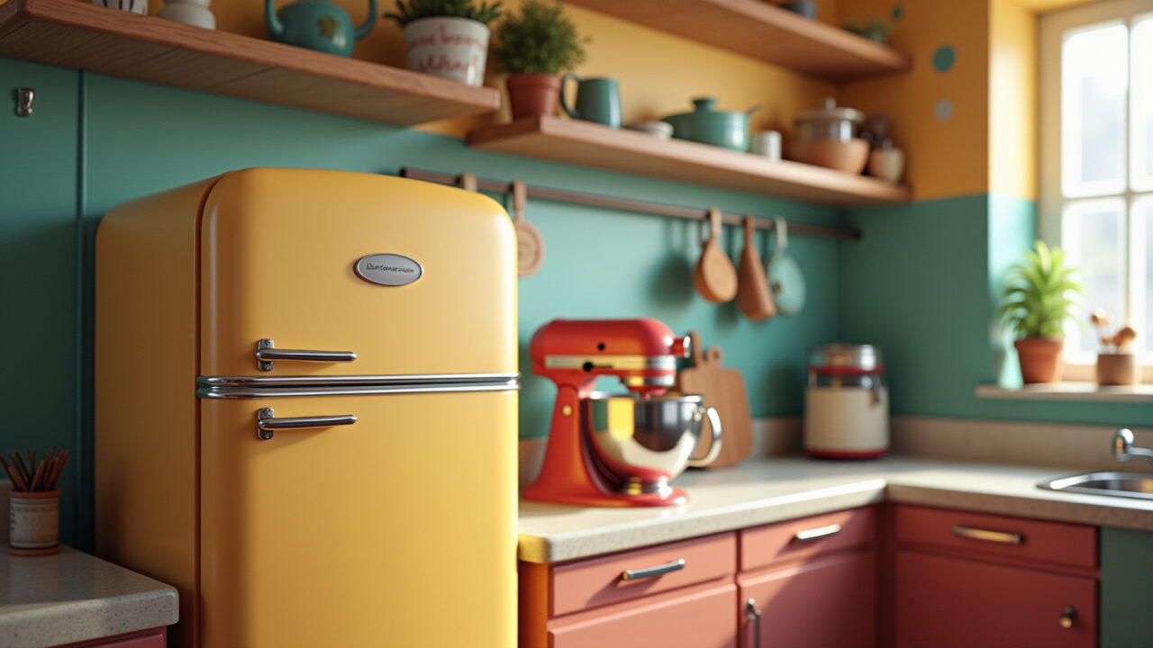 Eletrodomésticos retrô com design vintage e cores vibrantes.