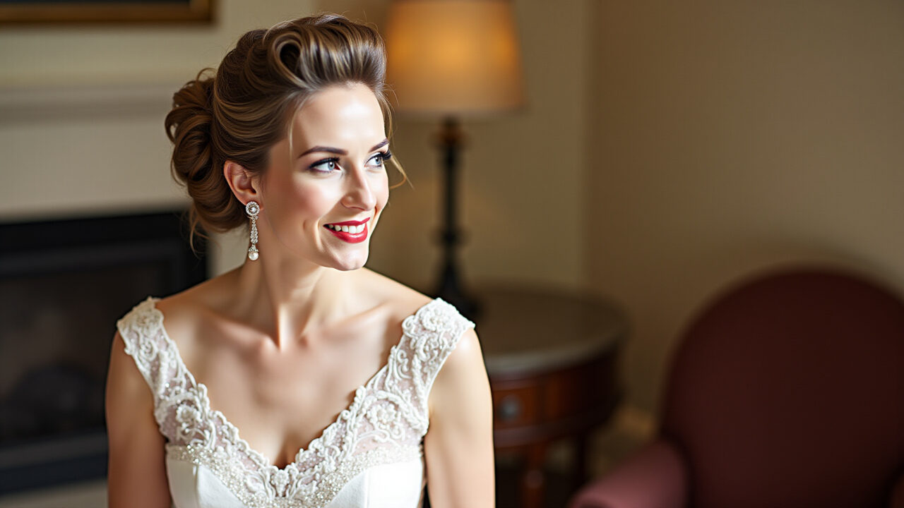 Retro bride with banana bun updo, wearing a sleek wedding dress, vintage setting, soft light, 8k, Noiva retrô com coque banana e vestido elegante.