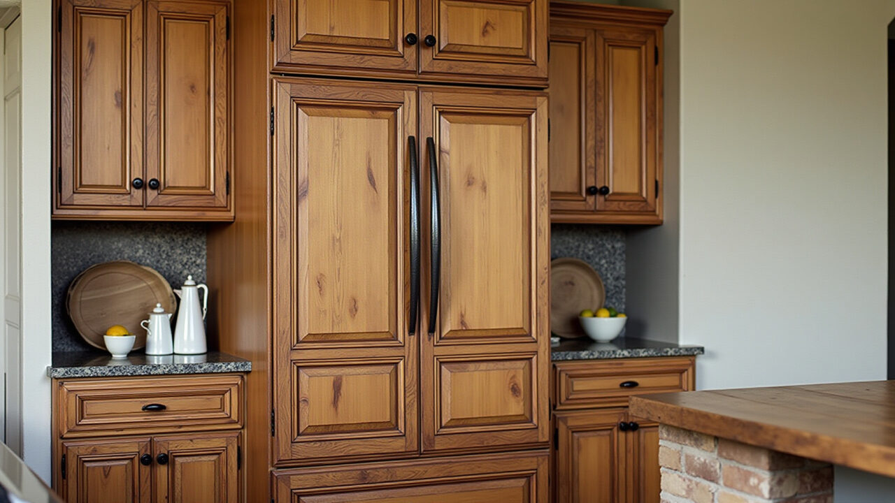 Armários de cozinha vintage com portas de madeira e puxadores de metal.