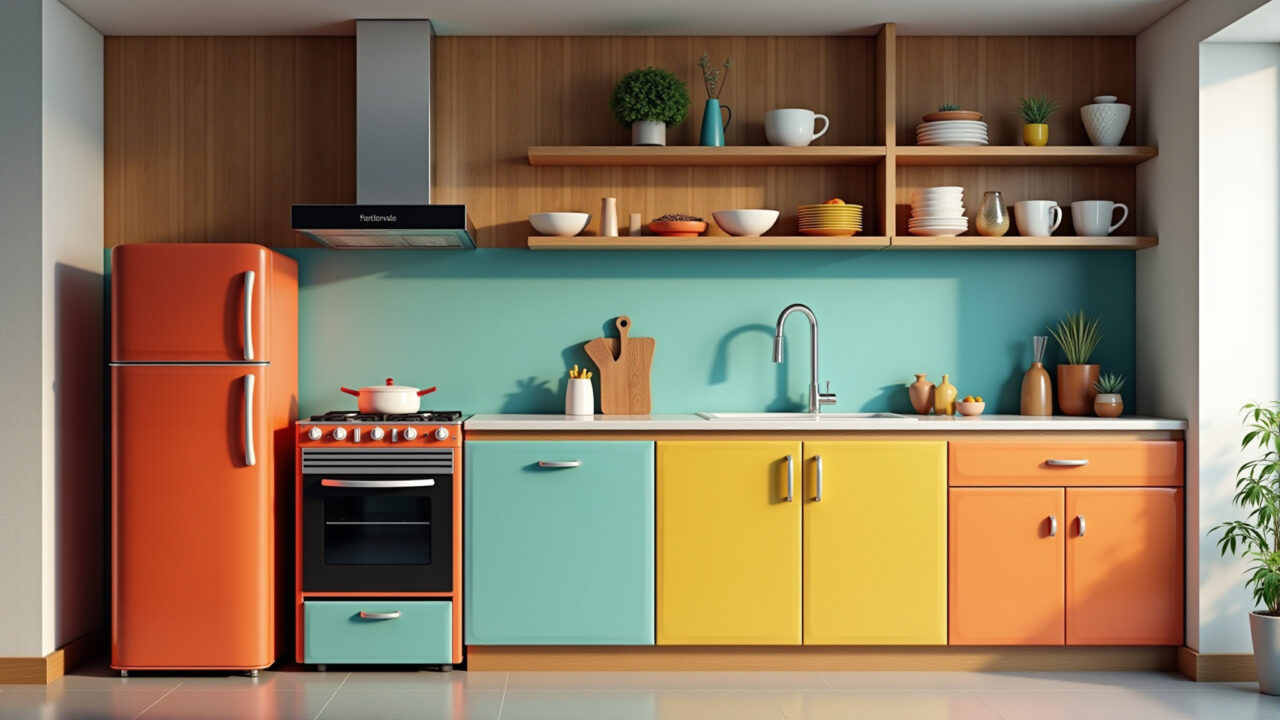 Retro kitchen with colorful appliances, Brazilian design, 8K quality, professional photography, Cozinha retrô com eletrodomésticos coloridos.