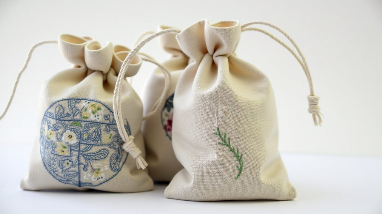 Reusable fabric bags for amigurumi, cotton, linen, chita fabric, embroidery, Brazilian style, Saquinho de tecido reutilizável para amigurumi.