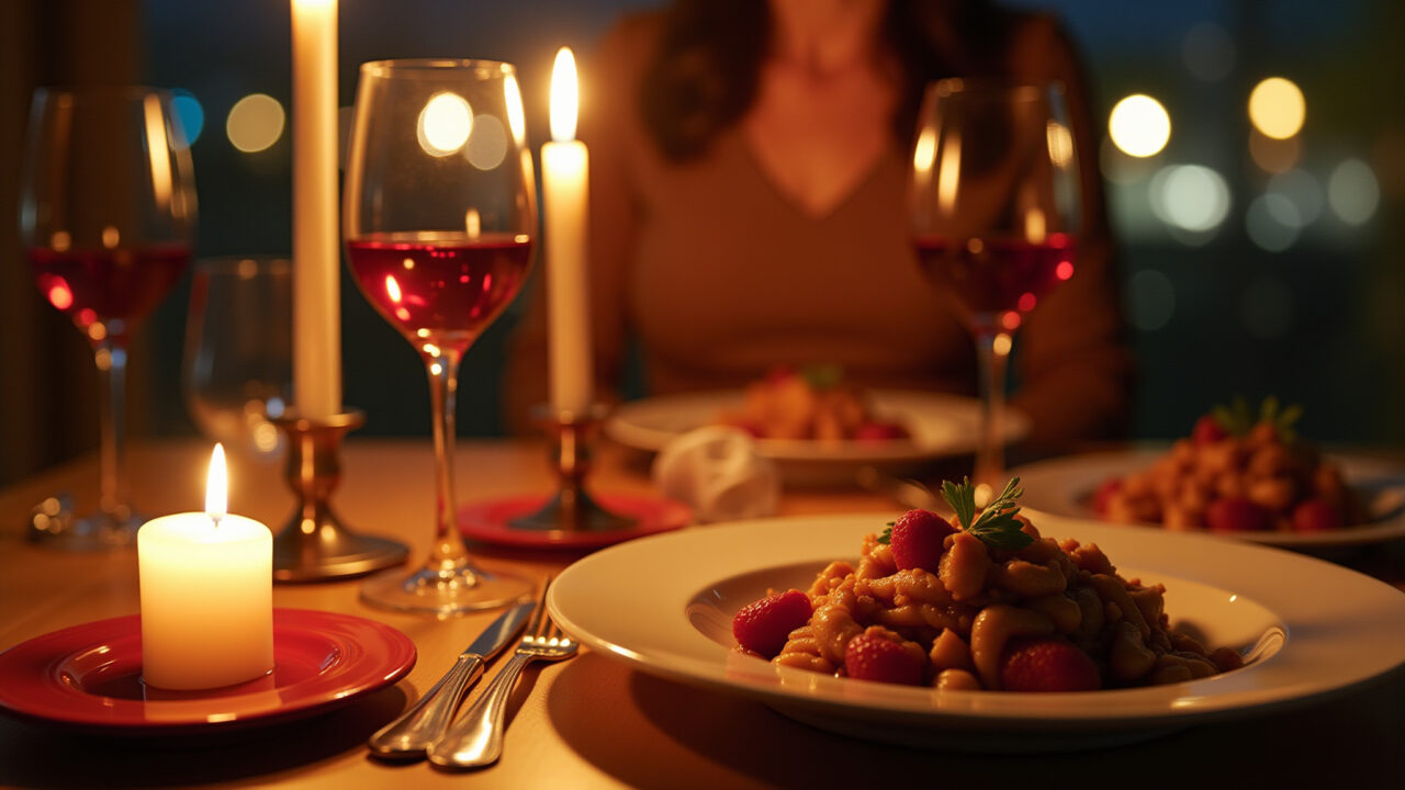 Jantar romântico à luz de velas para aniversário com pratos afrodisíacos e vinho.