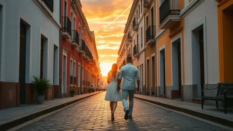 Casal apaixonado caminha de mãos dadas no Pelourinho, Salvador, ao pôr do sol.