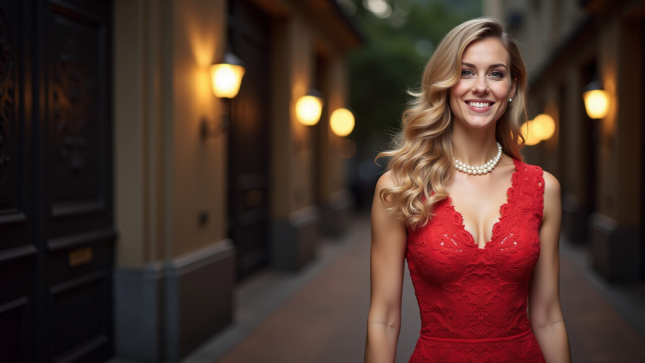 Mulher em vestido vermelho de renda com fenda para encontro romântico.