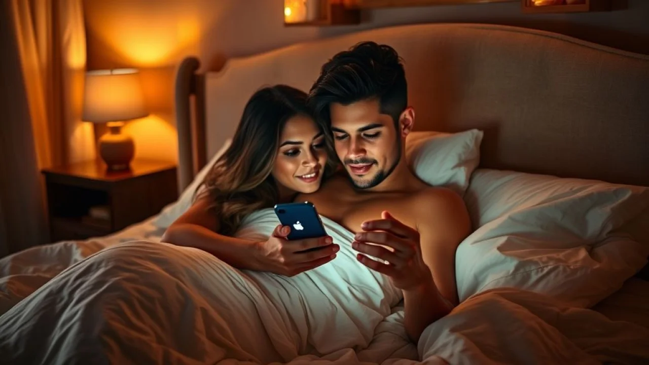 Romantic scene of a Brazilian couple cuddling in bed, looking at a phone displaying a good night Casal brasileiro apaixonado trocando mensagens de boa noite na cama.