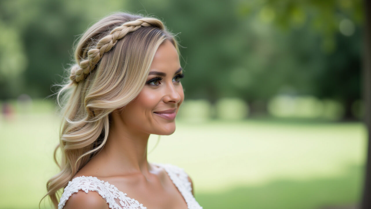 Romantic side braid hairstyle for wedding, outdoor setting, professional photography, 8K quality, Penteado romântico trança lateral para casamento ao ar livre.