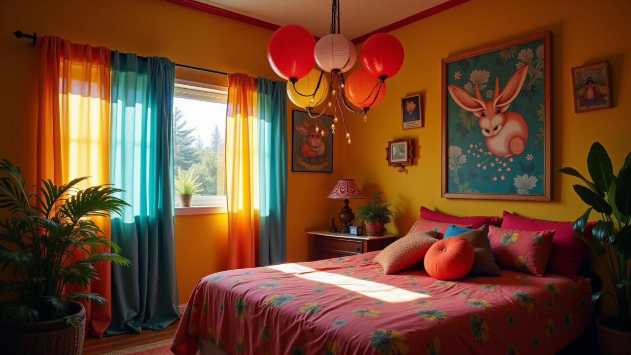Quarto decorado com luminárias coloridas e luzes de fada para o Dia das Crianças.