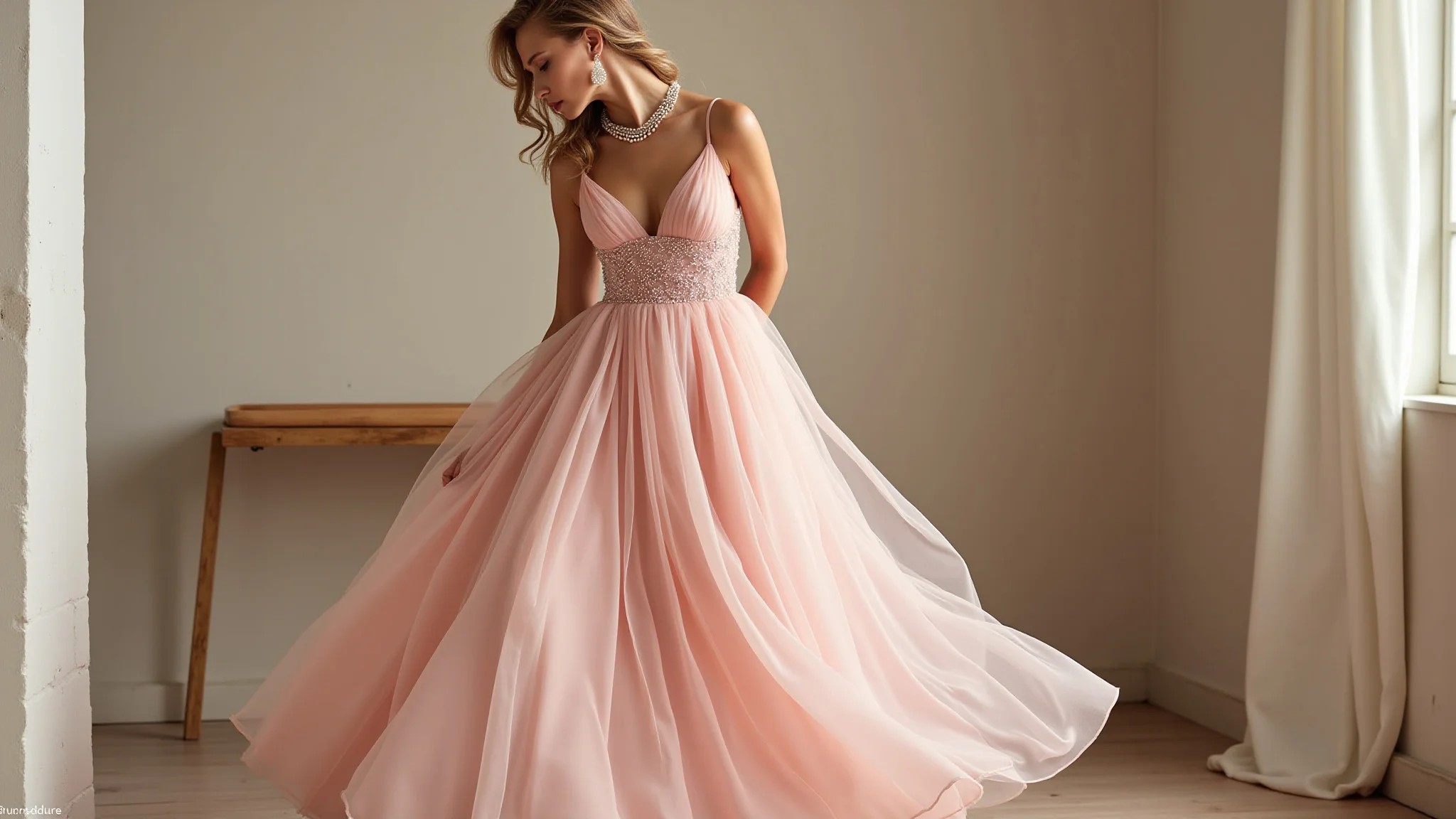 Vestido rose com brincos de pérola, colar delicado e sandálias nude.