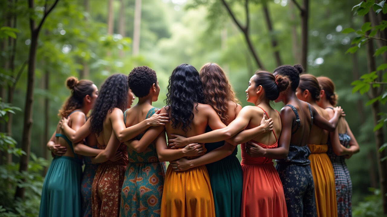 Rubedo stage: A diverse group of people embracing in a lush, vibrant forest, representing Grupo diverso se abraçando em floresta exuberante na fase Rubedo.
