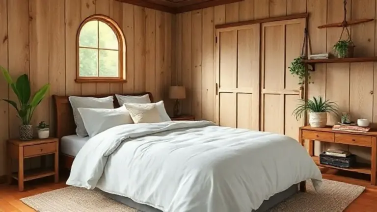 Quarto rústico chique com cama de linho, detalhes em madeira e decoração brasileira.