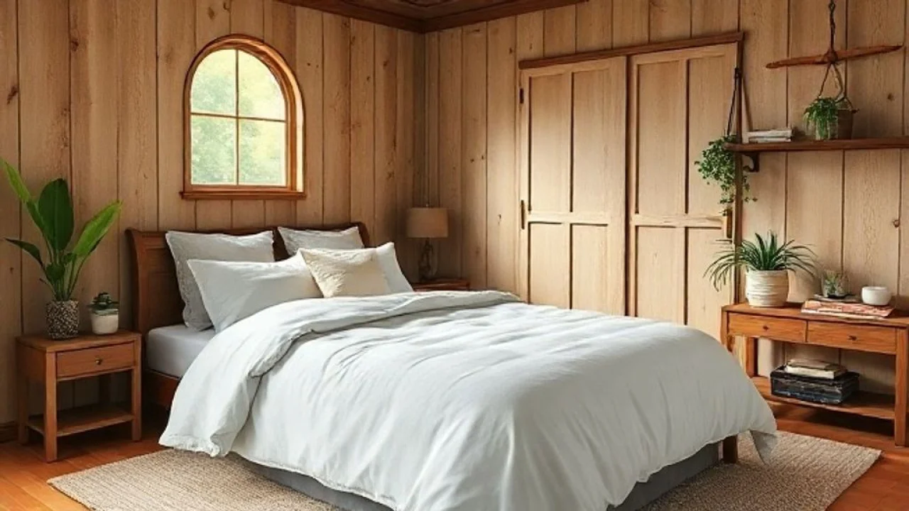Quarto rústico chique com cama de linho, detalhes em madeira e decoração brasileira.