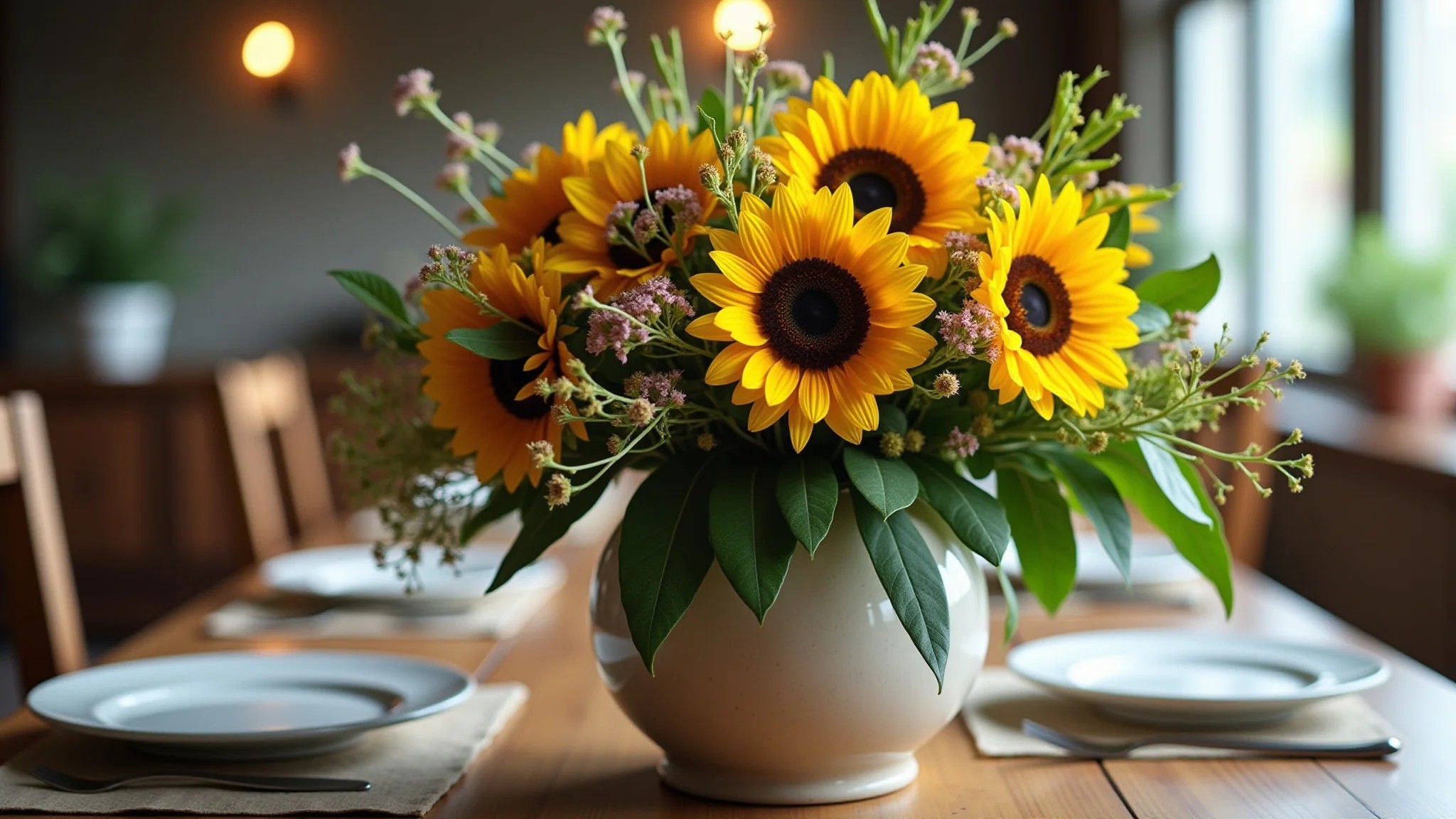 Arranjo rústico com girassóis, flores do campo e folhagens em um vaso de cerâmica para mesa de jantar.