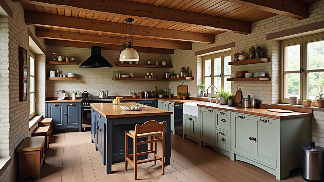 Rustic kitchen, reclaimed wood, exposed bricks, warm colors, farm style, professional photography, Cozinha rústica com madeira de demolição e tijolos aparentes.