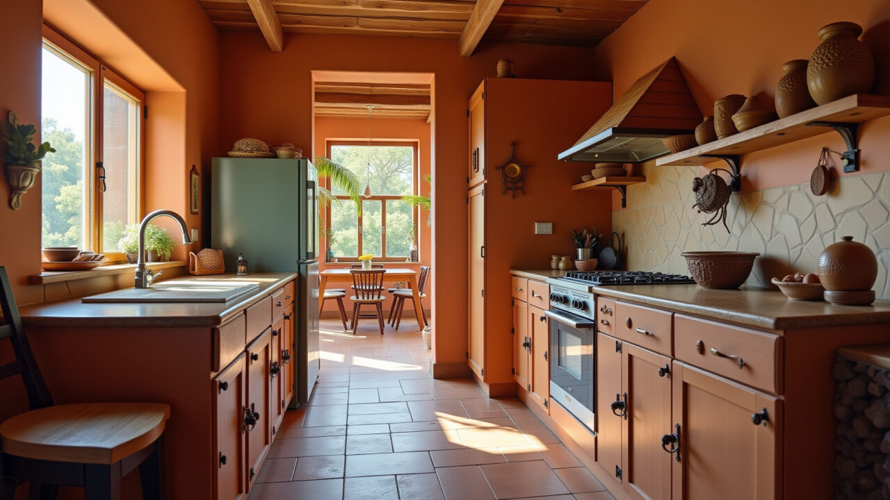 Cozinha rústica com tons terrosos e detalhes em madeira.