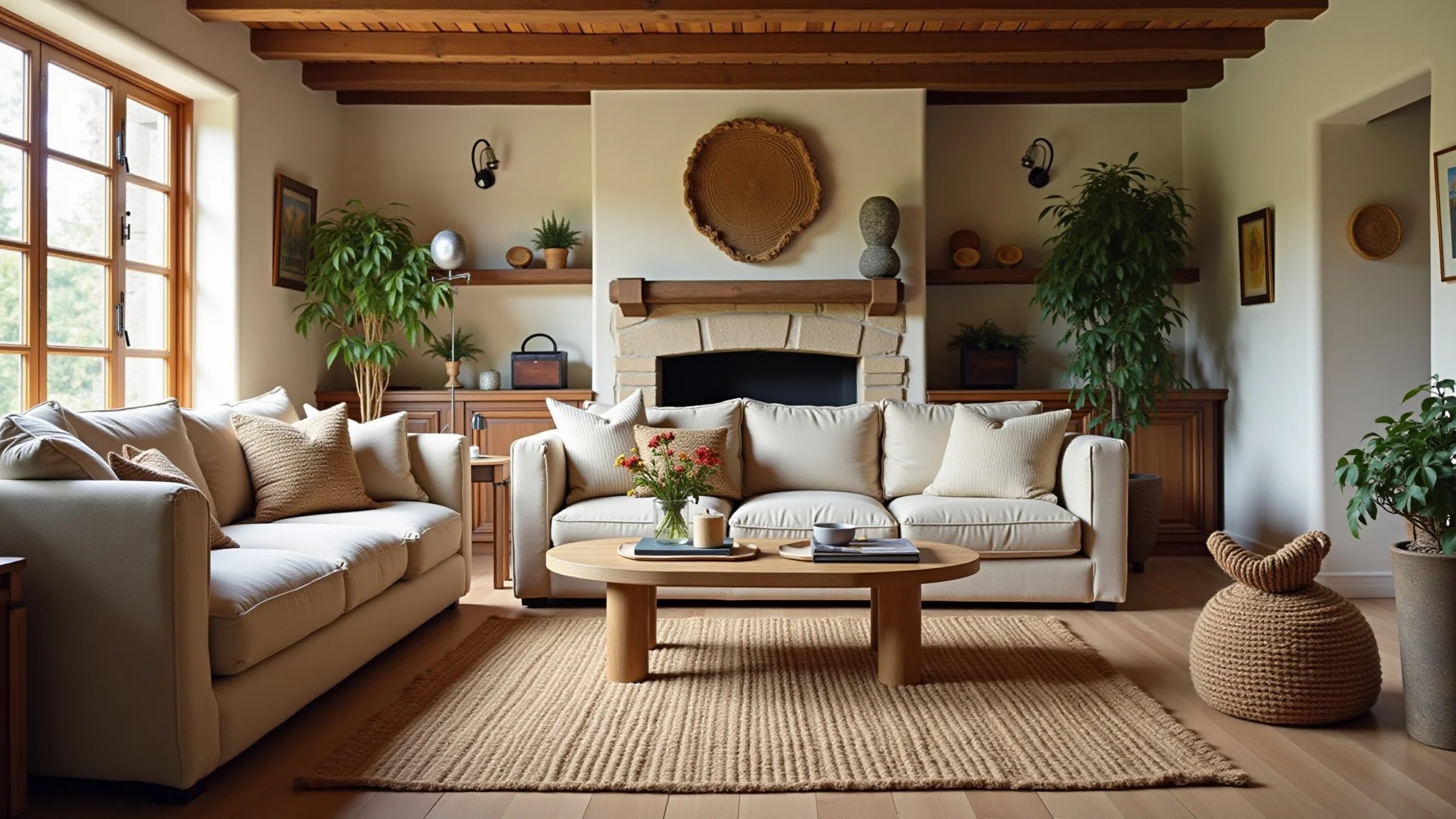 Sala de estar rústica com tapete de juta e tons terrosos.