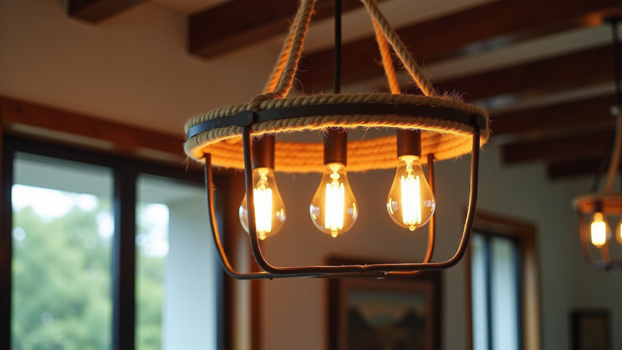 Rustic modern chandelier, wood, iron, rope, filament lamps, double height living room, 8K, Lustre rústico moderno com madeira, ferro e corda.