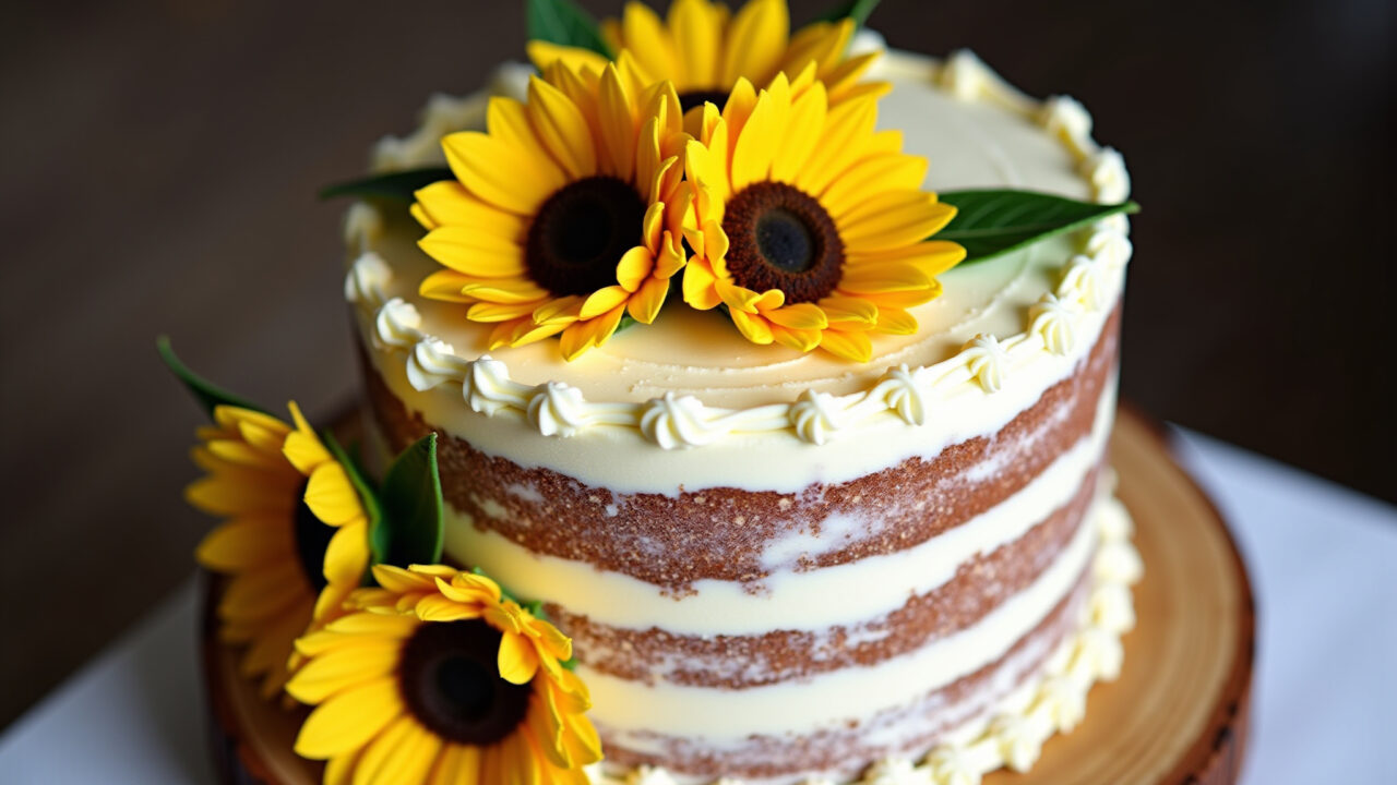 Rustic sunflower cake with real sunflowers, buttercream frosting, professional photography, 8K Bolo girassol rústico com flores naturais.