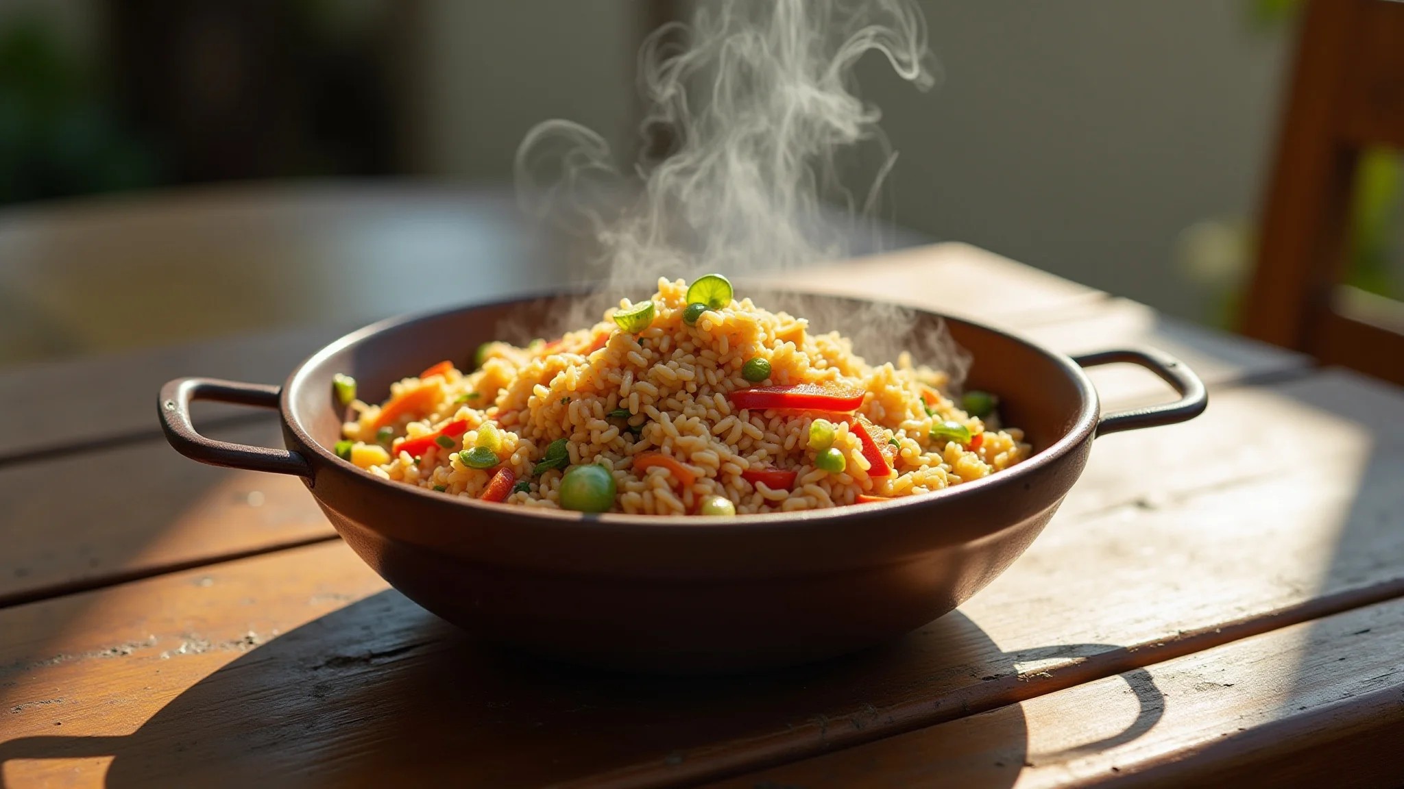 Arroz de forno com frango desfiado e legumes, um prato completo e nutritivo para o almoço em família.