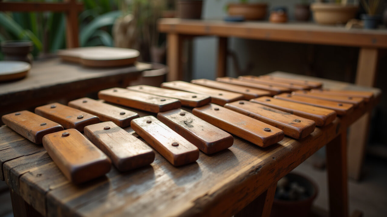 Xilofone rústico feito de madeira de demolição.