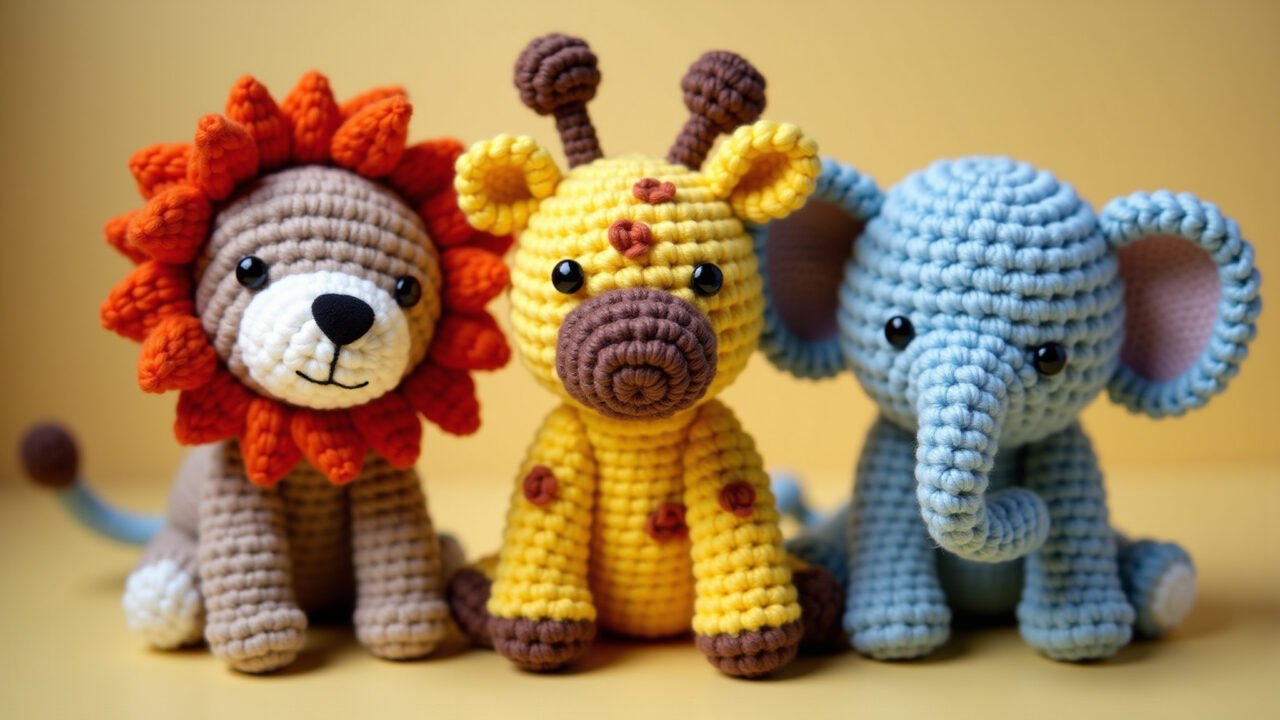 Safari themed amigurumi, lion, giraffe, elephant, monkey, vibrant colors, baby room decor, Amigurumis temáticos de safari para decorar o quarto do bebê.