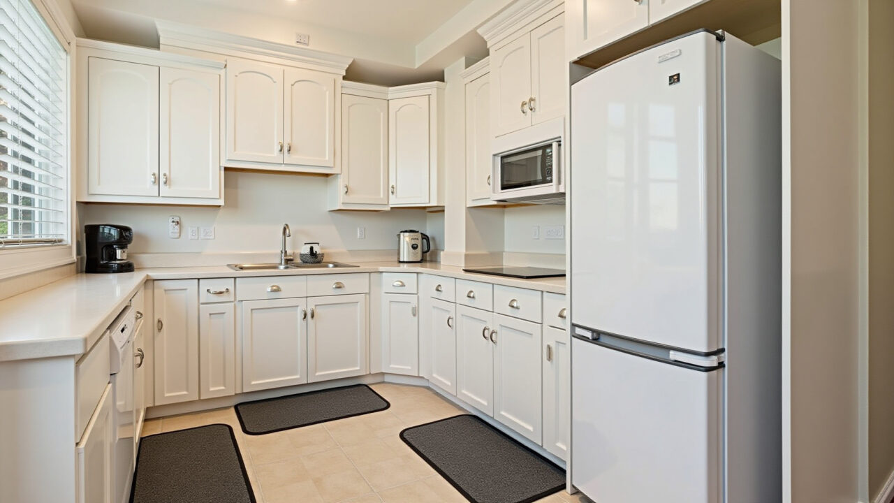 Cozinha segura com tapete antiderrapante no chão e detector de fumaça no teto.