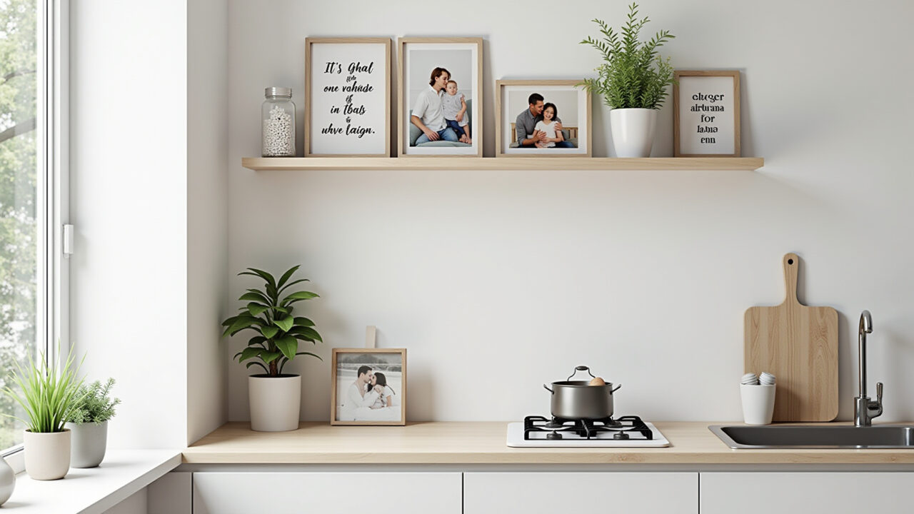 Detalhes decorativos em cozinha escandinava com objetos pessoais.