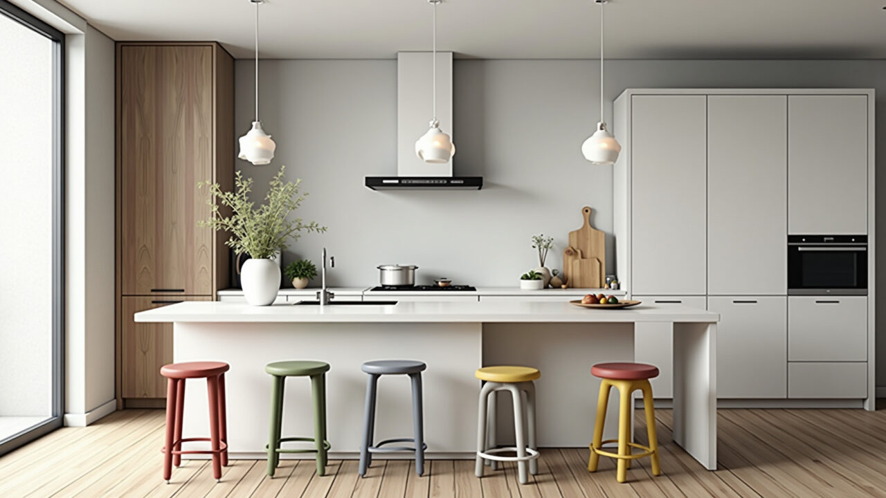 Ilha central em cozinha escandinava com design clean e iluminação pendente.