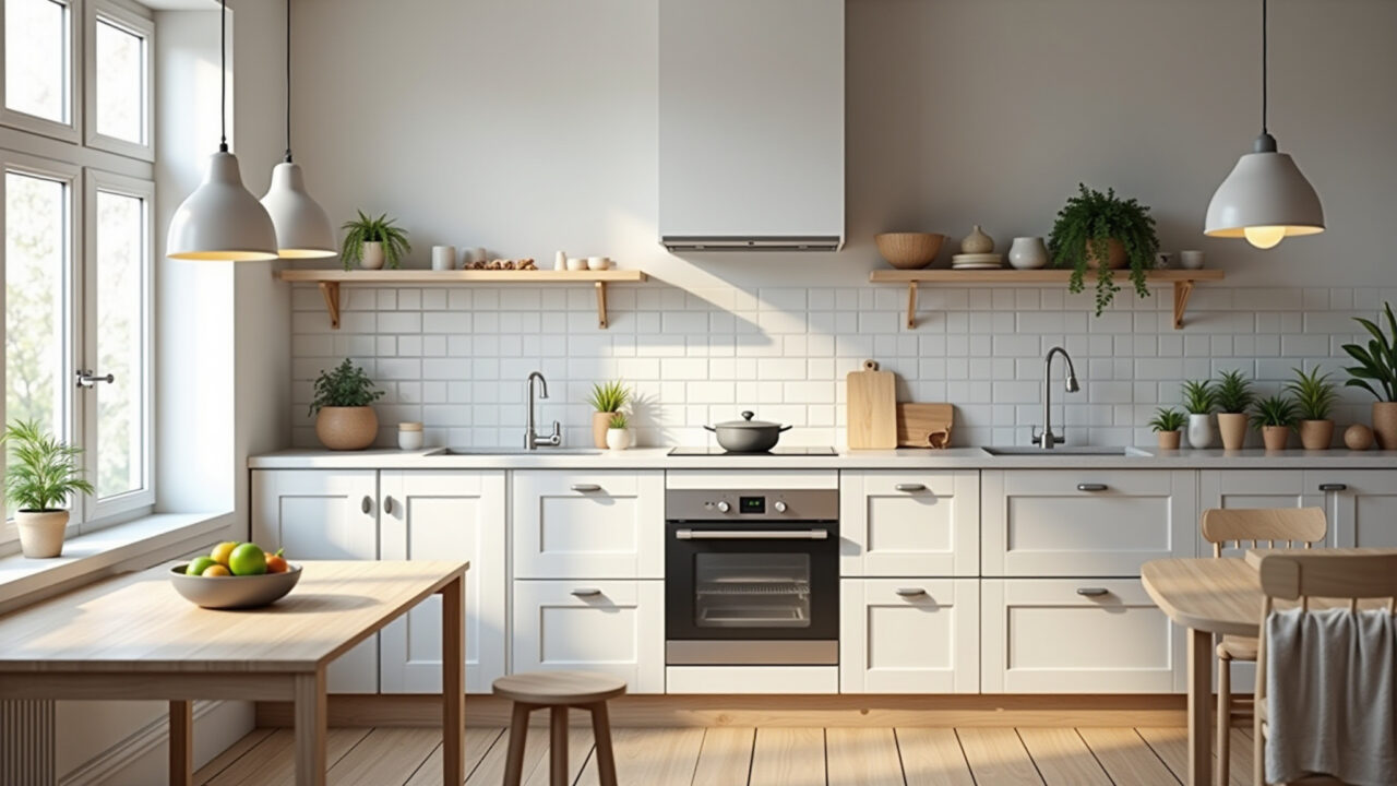 Cozinha escandinava com iluminação natural e design clean.