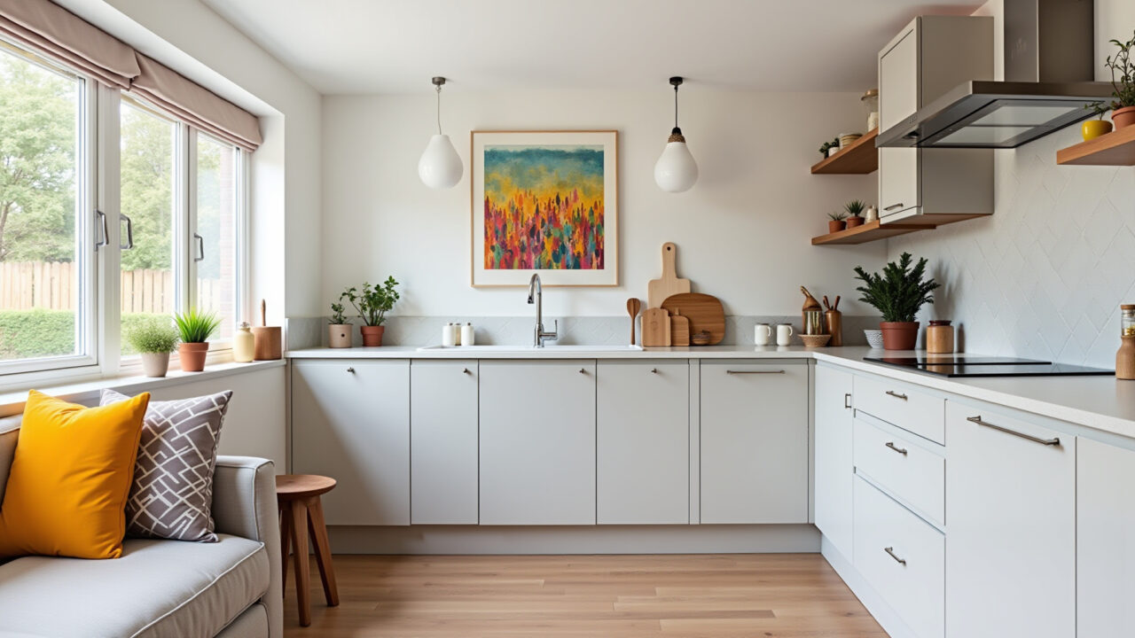 Cozinha escandinava com paleta neutra e toques de cor vibrantes.