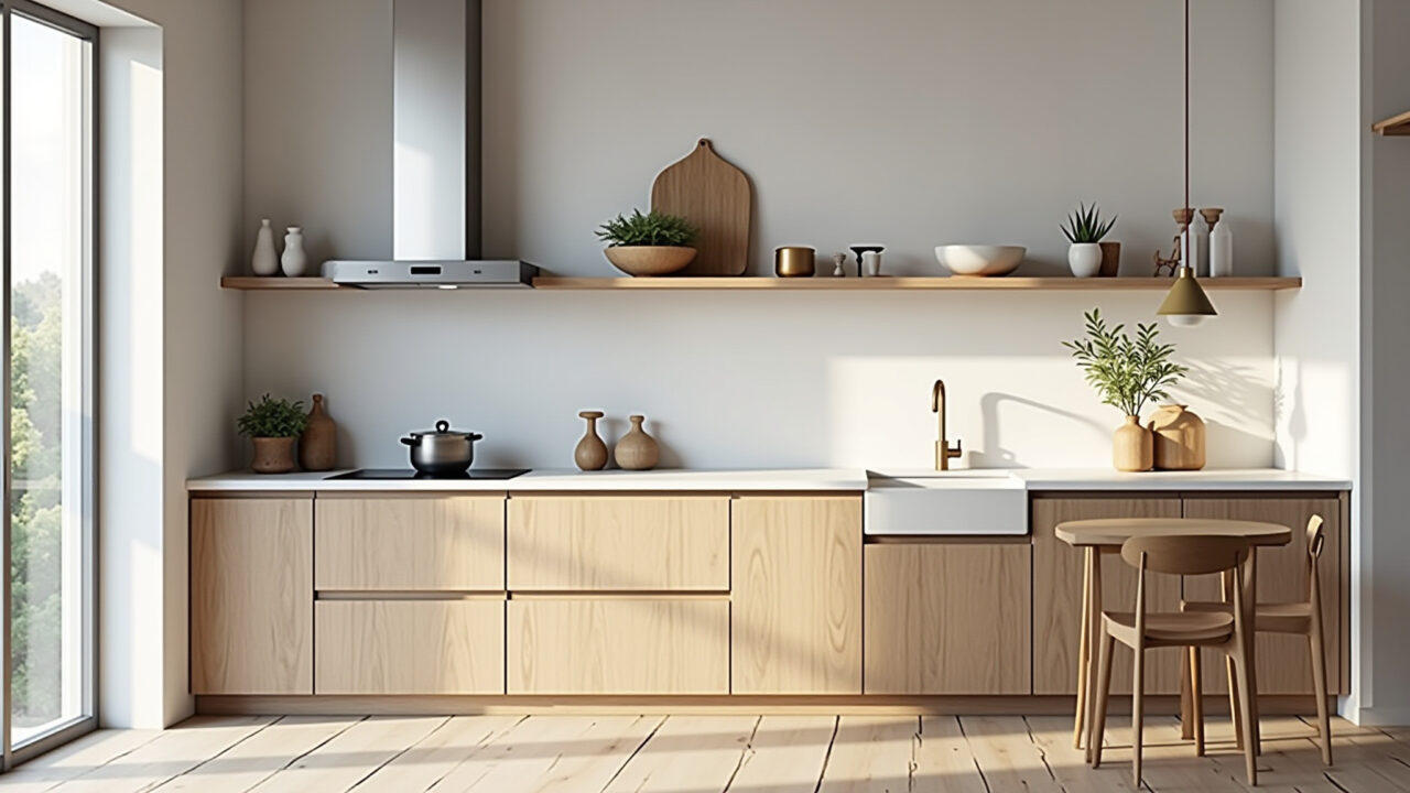 Scandinavian kitchen, simplicity, natural light, light wood, minimalist decor, professional Cozinha escandinava com madeira clara e decoração minimalista.