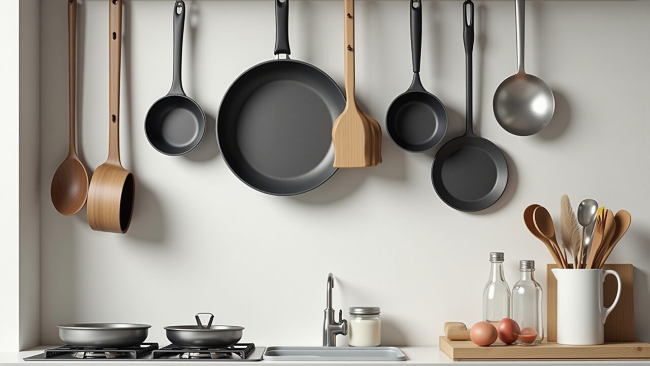 Utensílios de cozinha à mostra em cozinha escandinava organizada.