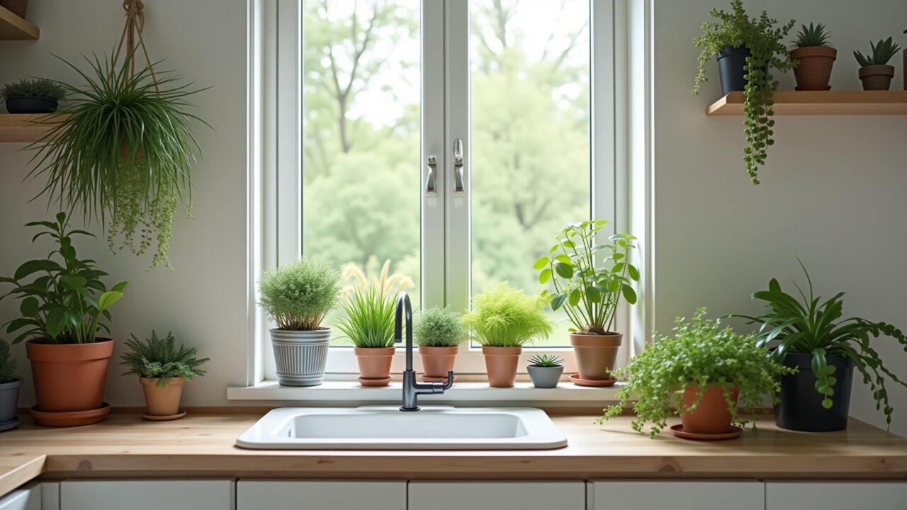 Cozinha escandinava com plantas e ervas aromáticas.