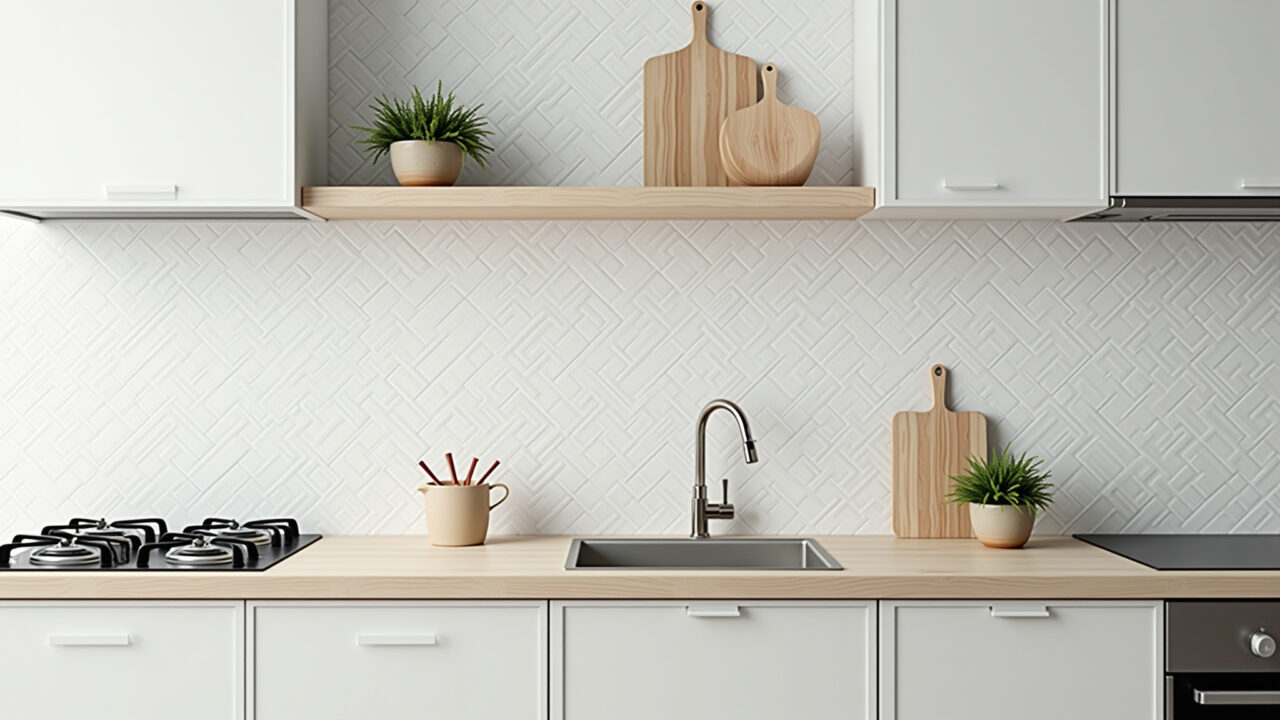 Cozinha escandinava com azulejos brancos e design geométrico.