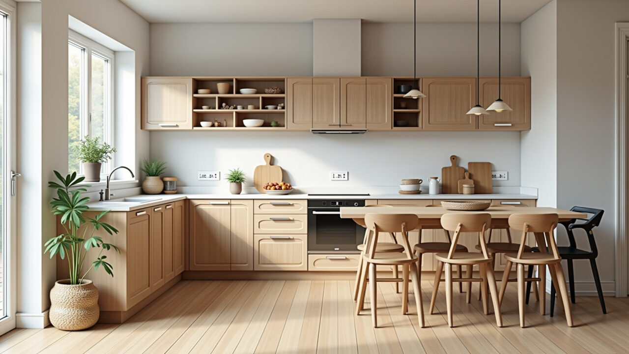 Cozinha escandinava com detalhes em madeira clara e ambiente aconchegante.