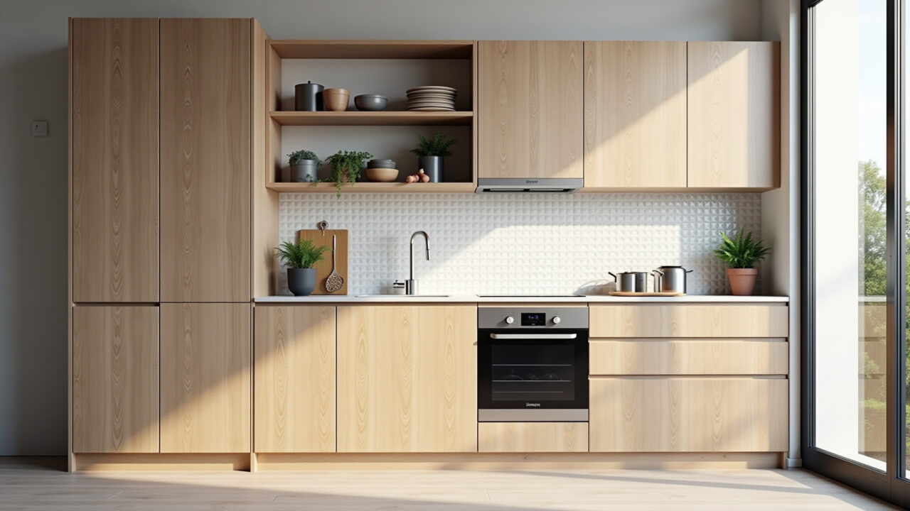 Cozinha escandinava pequena com armários claros e prateleiras otimizadas.