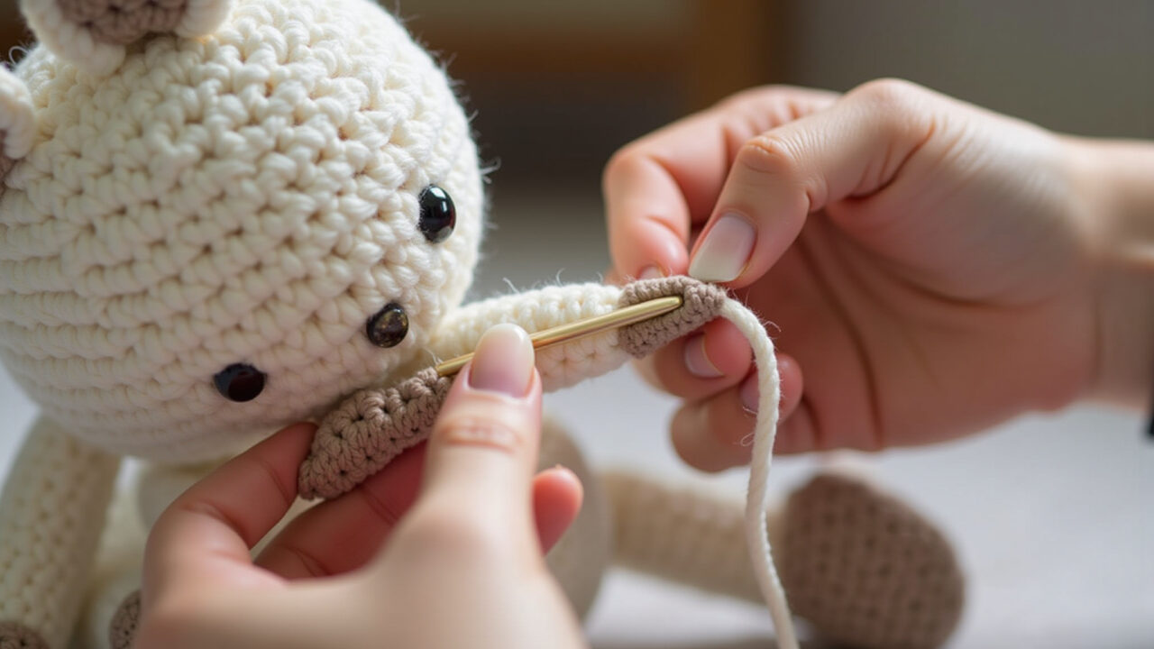 Seamless amigurumi arm and leg attachment, tapestry needle, yarn, natural light, 8K quality, sharp Unindo braços e pernas sem costura em amigurumi.