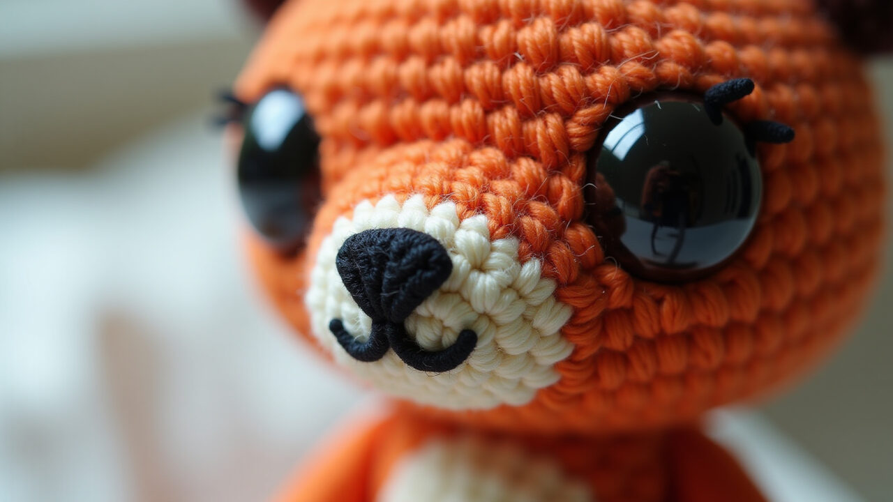 Seamless amigurumi embroidered eyes, black embroidery floss, needle, natural light, 8K quality, Fazendo olhinhos bordados perfeitos para amigurumi sem costura.