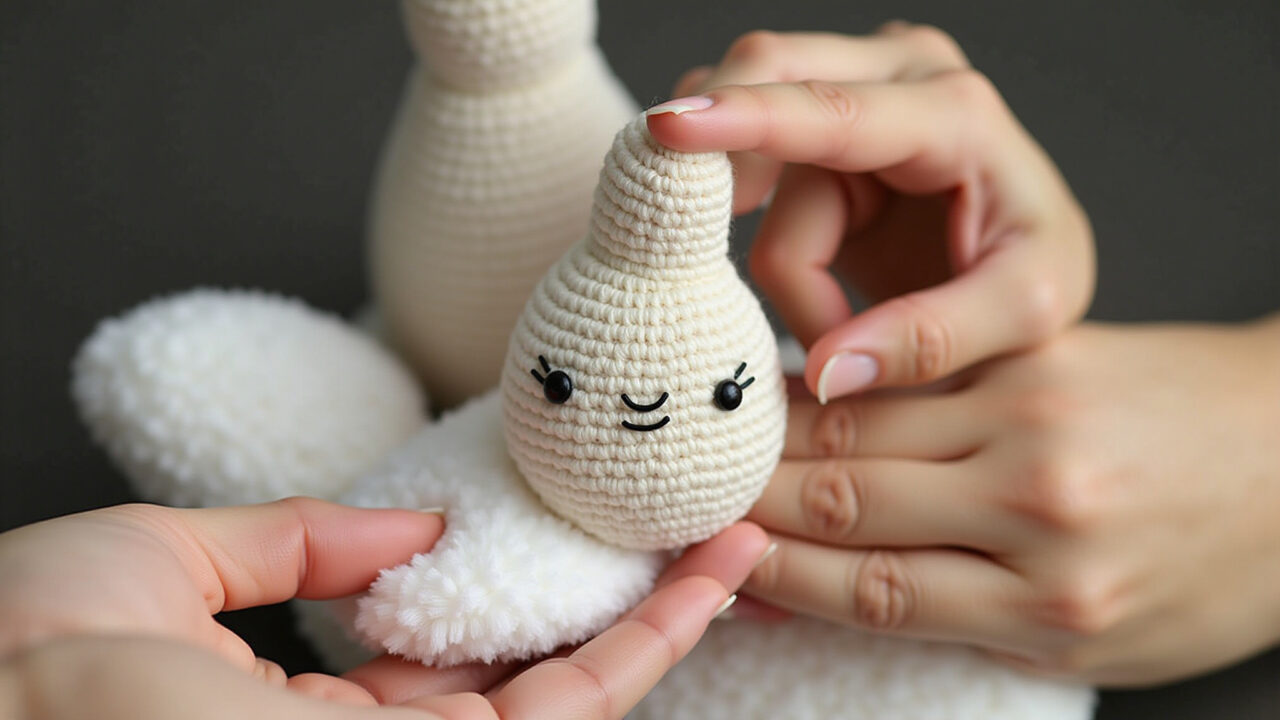 Seamless amigurumi shaping technique, fiberfill stuffing, hands molding, natural light, 8K quality, Dando forma perfeita ao amigurumi sem costura com enchimento.