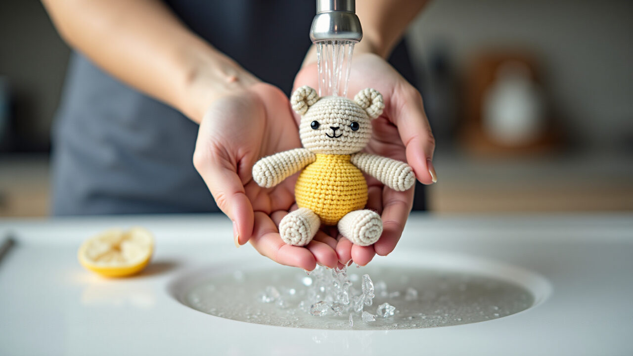 Seamless amigurumi washing instructions, gentle soap, cold water, air drying, natural light, 8K Como lavar seu amigurumi sem costura sem danificar.