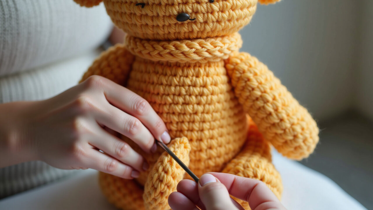 Seamless amigurumi yarn tail hiding technique, tapestry needle, stuffing, natural light, 8K Escondendo a linha no amigurumi sem costura para um acabamento perfeito.