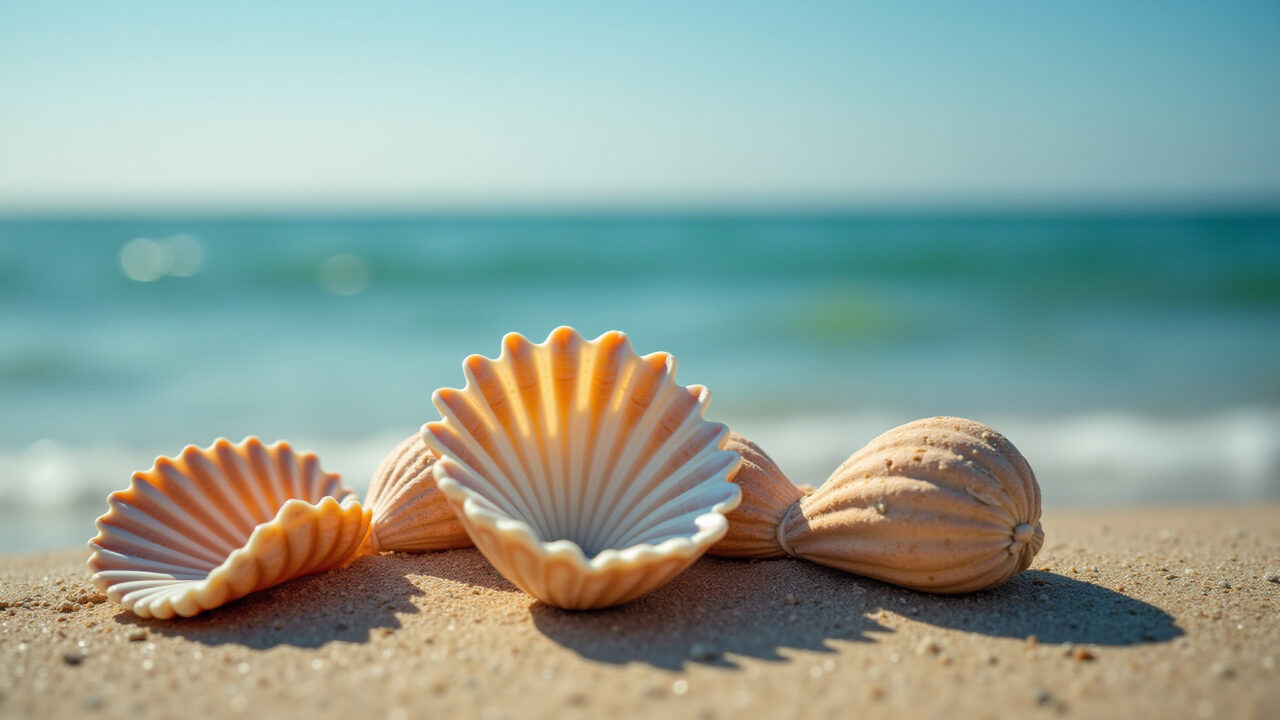 Castanholas feitas de conchas marinhas na praia.