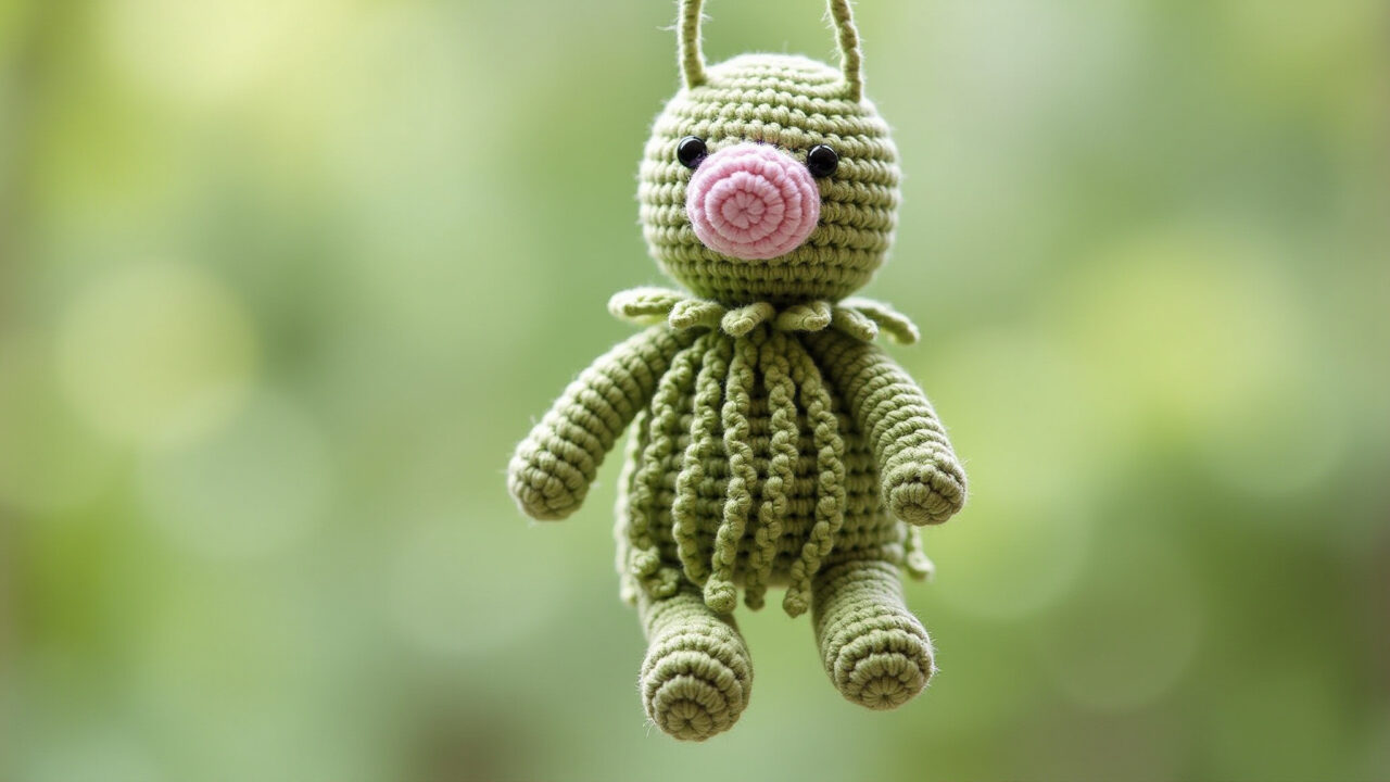 Sedum Morganianum succulent amigurumi, hanging crochet, soft green, natural light, 8k quality, Amigurumi de suculenta Sedum Morganianum.