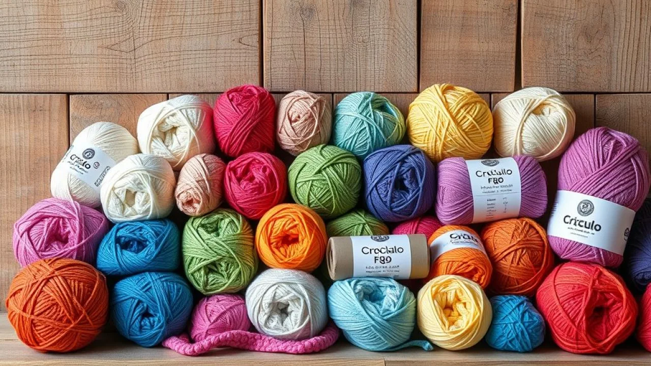 Selection of colorful crochet yarns (cotton, barbante, fio de malha) displayed against a rustic Variedade de fios coloridos para crochê: algodão, barbante e fio de malha.