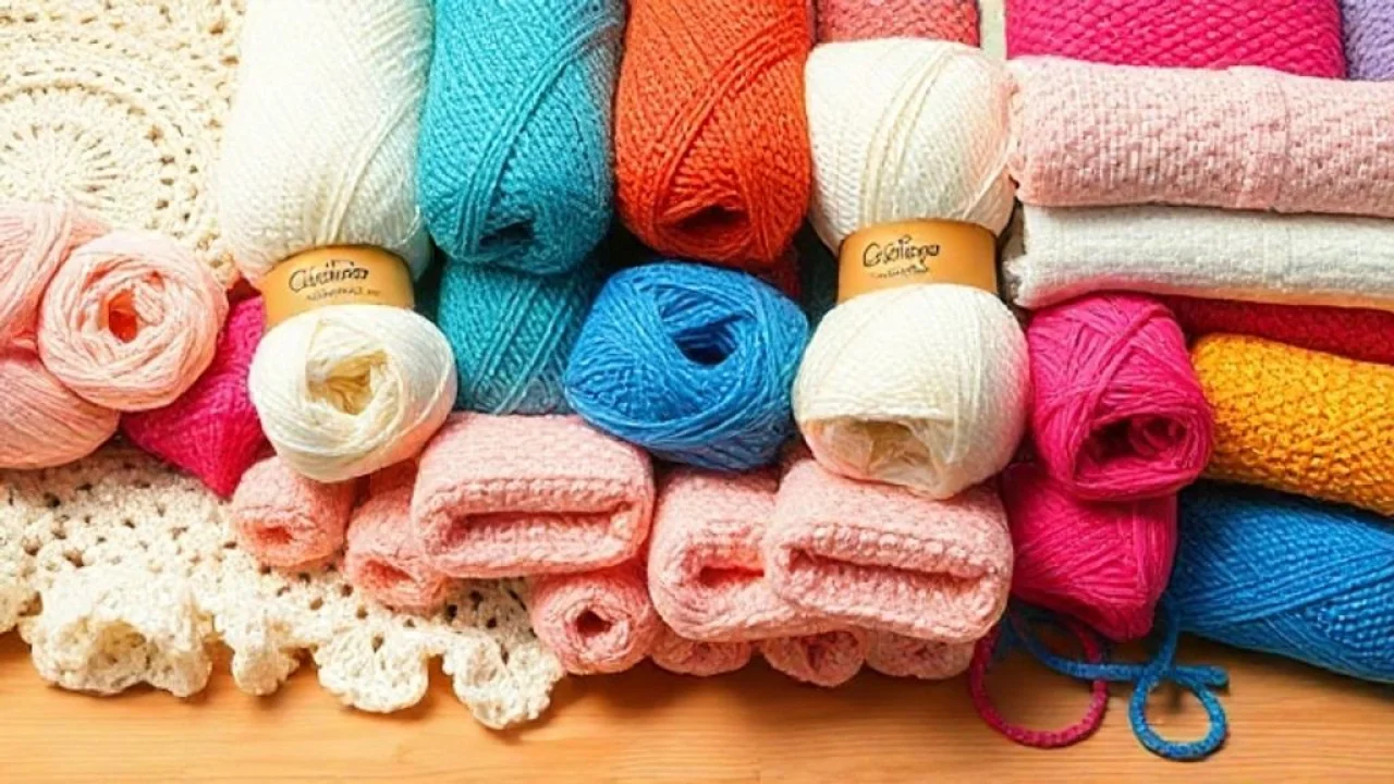 Selection of different crochet rug materials (cotton yarn, barbante, synthetic yarn) in diverse Variedade de fios de crochê coloridos (barbante, algodão, sintético) para tapetes de cozinha.