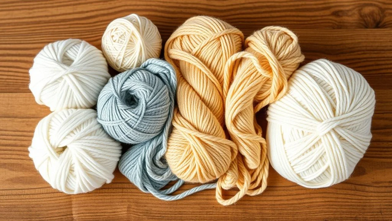 Selection of different yarn types for crochet tablecloths: cotton, barbante, silk, and wool, each Variedade de fios para crochê: algodão, barbante, seda e lã, com diferentes texturas e cores.