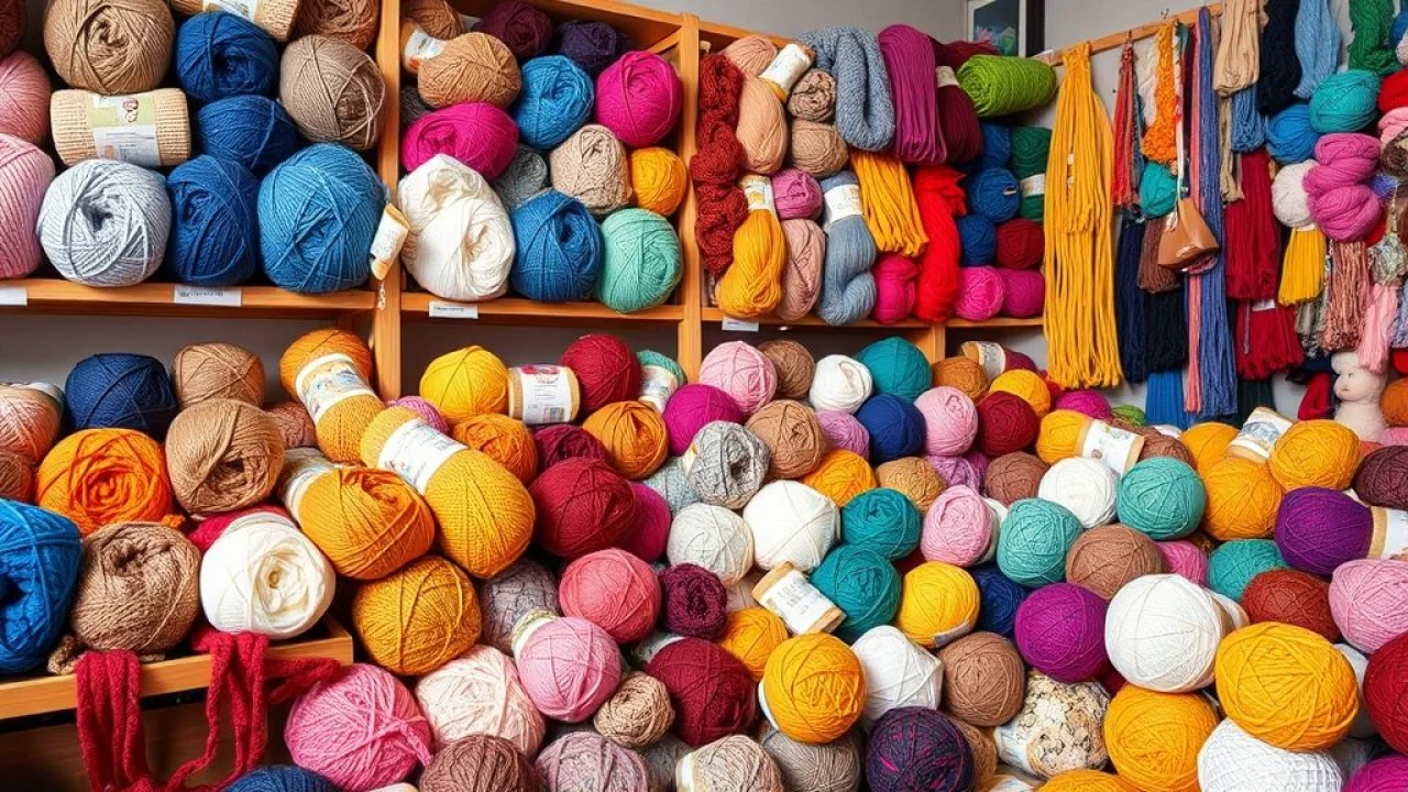 Selection of various crochet yarn types and colors displayed in a well-lit Brazilian craft store, Variedade de fios de crochê coloridos em loja de artesanato brasileira.