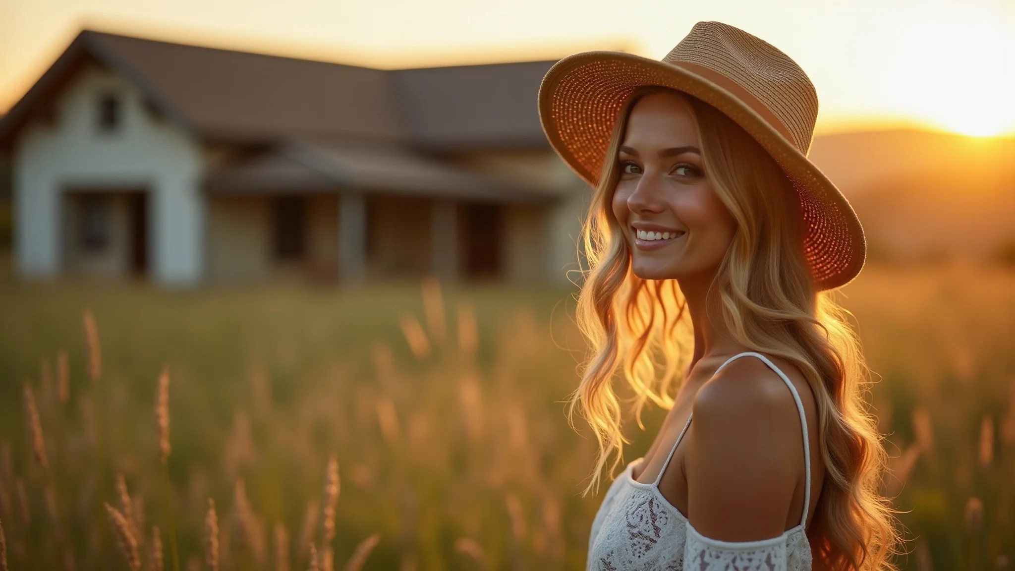 Mulher sorrindo em frente a uma casa de campo charmosa ao pôr do sol.