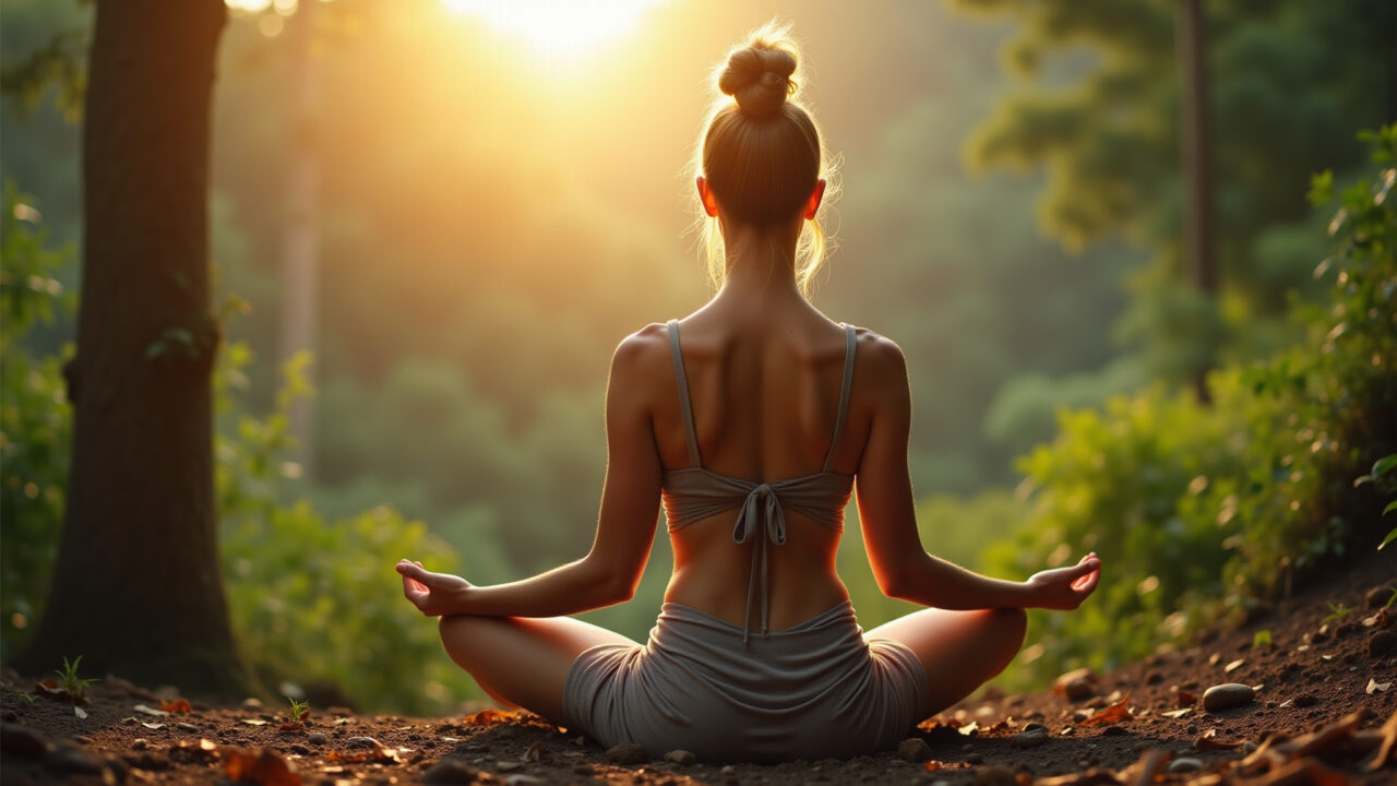 Serene woman meditating outdoors, lush Brazilian rainforest backdrop, golden hour light, Mulher meditando na natureza, buscando paz interior.