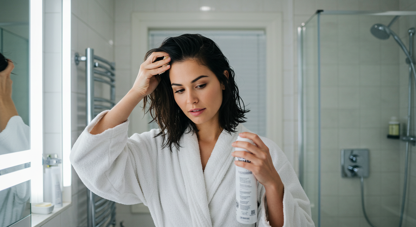 Mulher aplicando shampoo a seco na raiz do cabelo escuro em banheiro iluminado.